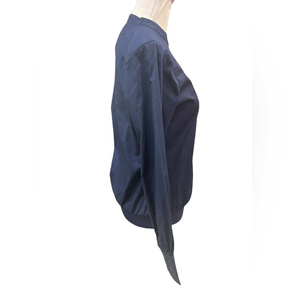 J.Crew Navy Button-Front Bodysuit Size 6 Band Collar Mixed Media Stretch Bottom - Picture 4 of 11